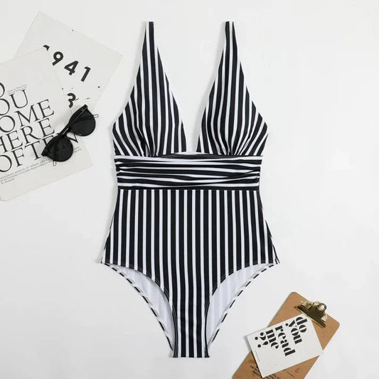 Et Stykke Stripped Badedragt - Badetøj - Rygfri - V-hals One-Piece Swimsuits Danmarkmode.dk