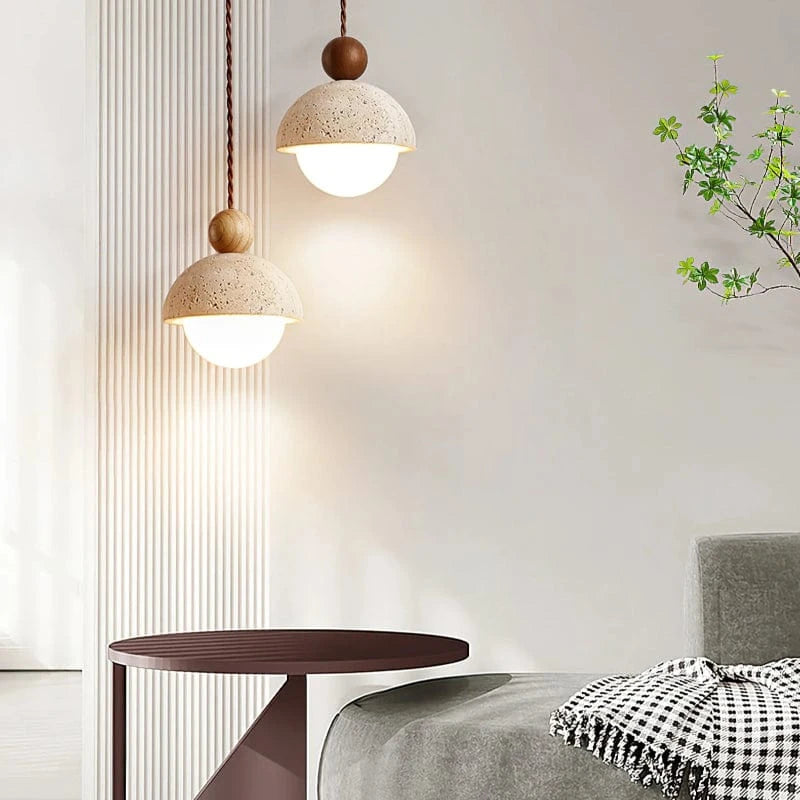 Halvrunde Sten Pendellampe mit Trækugler - Travertine - Glas - Moderne Ceiling Light Fixtures Danmarkmode.dk