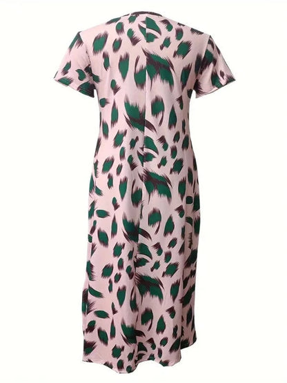 Korte ærmer Fjerprint Blomstret Kjole - V-hals - Høj Slids - Rynkefri - Maxi Dresses Danmarkmode.dk