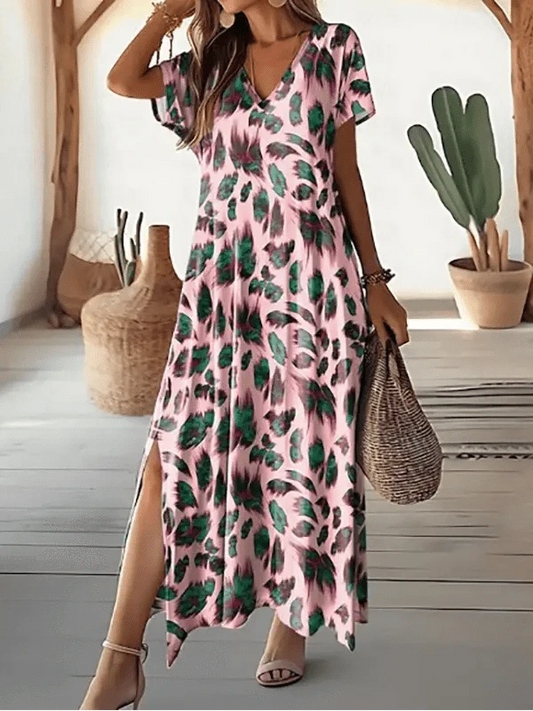 Korte ærmer Fjerprint Blomstret Kjole - V-hals - Høj Slids - Rynkefri - Maxi Dresses Danmarkmode.dk