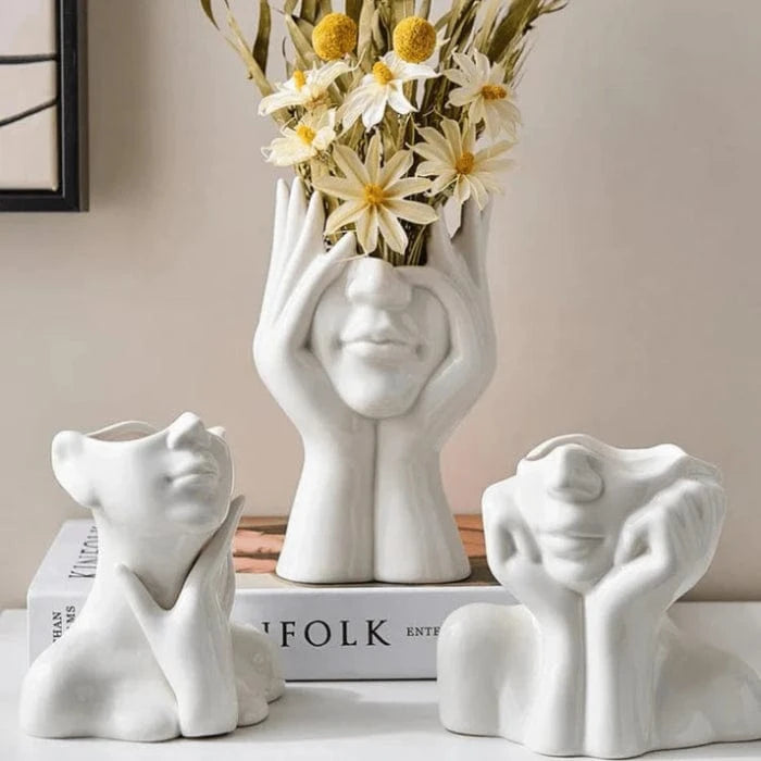 Kunstnerisk Halvt Ansigt Keramik Vaser - Skulptur - Boligindretning - Blomsterkrukke Vases Danmarkmode.dk