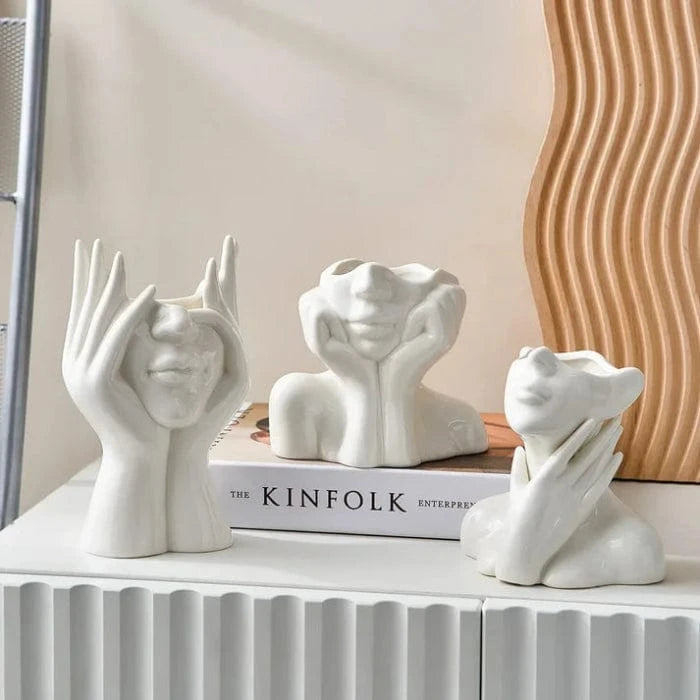 Kunstnerisk Halvt Ansigt Keramik Vaser - Skulptur - Boligindretning - Blomsterkrukke Vases Danmarkmode.dk