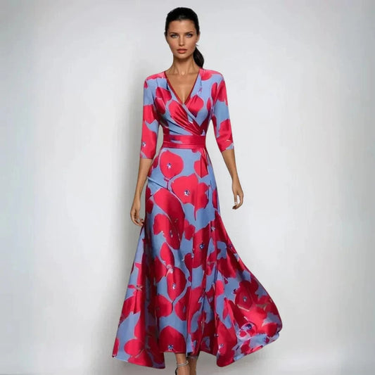 Kvartlange ærmer Slå Om Kjole - Blomstret Kjole - Maxi - V-hals Dresses Danmarkmode.dk