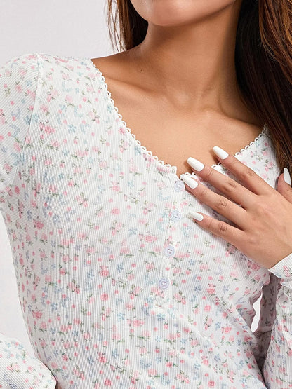 Langærmet Blomster Pyjamas Bodysuit Dame - Blonder - V-hals - Loungewear Sleepwear & Loungewear Danmarkmode.dk