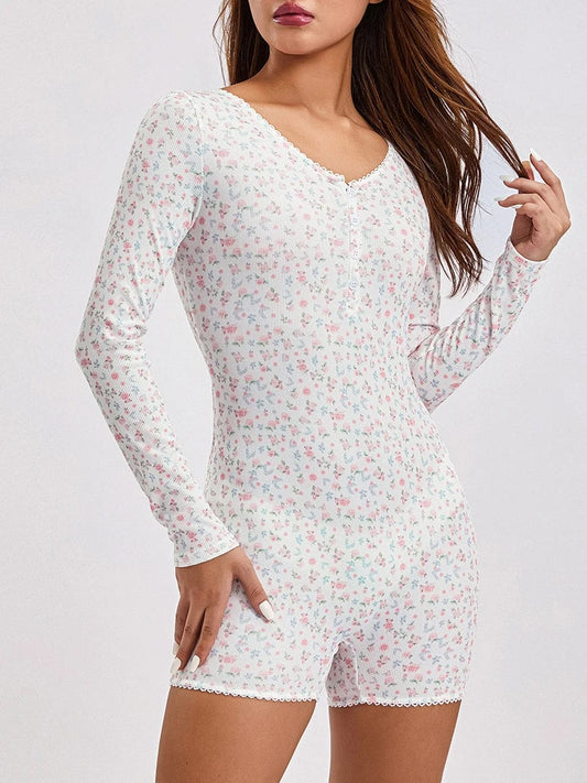 Langærmet Blomster Pyjamas Bodysuit Dame - Blonder - V-hals - Loungewear Sleepwear & Loungewear Danmarkmode.dk
