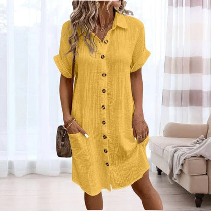 Løs Pasform Knap Foran Sommerkjole Dame - Midi kjole - Korte ærmer - Polokjole Dresses Danmarkmode.dk