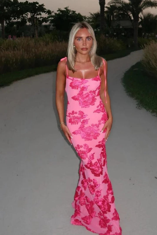 Lyserød Præget Blomst Maxikjole - Bodycon - 3D - Broderet Dresses Danmarkmode.dk
