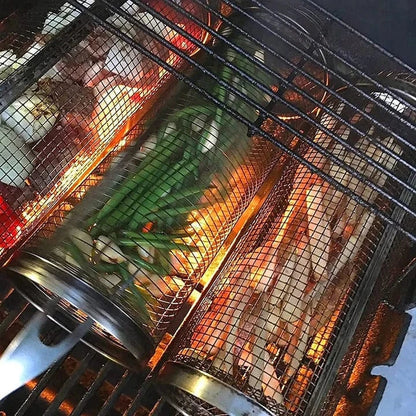 Rullende Grillkurv - Rustfrit Stål - Bærbar - Cylinder - Udendørs Outdoor Grill Baskets Danmarkmode.dk