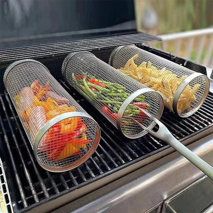 Rullende Grillkurv - Rustfrit Stål - Bærbar - Cylinder - Udendørs Outdoor Grill Baskets Danmarkmode.dk
