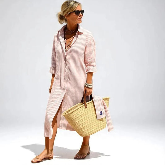 Stribet Halvt ærme Skjortekjole Dame - Sommerkjole - Lang kjole - Knap Foran Dresses Danmarkmode.dk