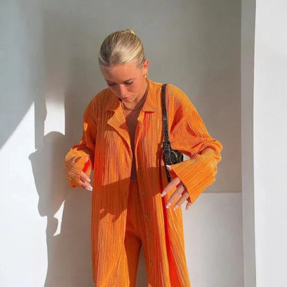 Todelt Plisse Bukser og Top Matchende Sæt - Oversized - Behagelig - Sommersæt Outfit Sets Danmarkmode.dk