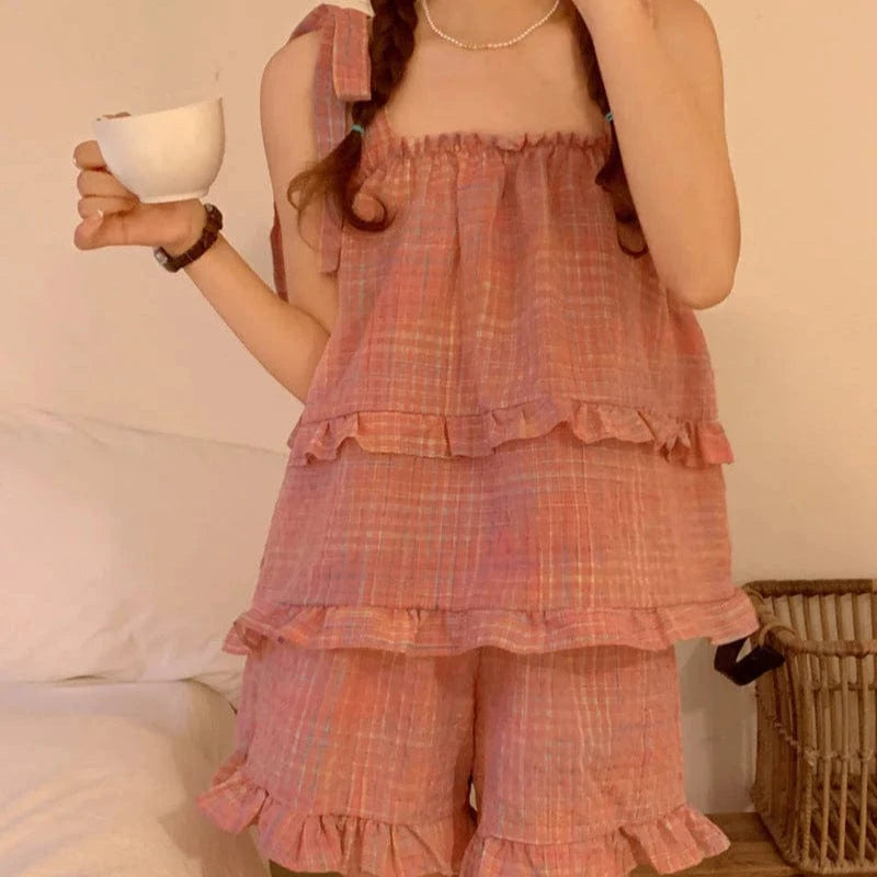 Todelt Ternet Pyjamas Sæt Dame - Loungewear - Matchende Sæt - Bomuld Pajamas Danmarkmode.dk