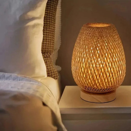 Vævet Bambus Sengebord LED Natlampe - Genopladelig Lampe - Dæmpbar Bedside Lamps Danmarkmode.dk