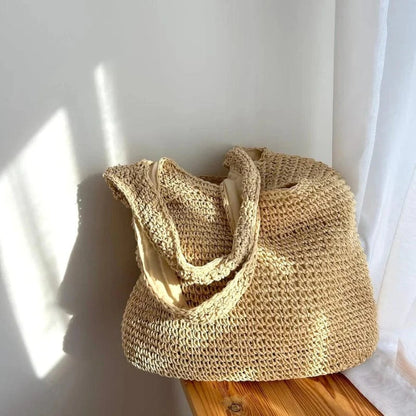 Vævet Strå Sommer Strandtaske - Tote Bag - Boho - Lynlåsposer Tote Bags Danmarkmode.dk