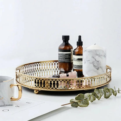 Vintage Guld Spejlvendt Serveringsbakke - Rund - Metal - Boligtilbehør Decorative Trays Danmarkmode.dk