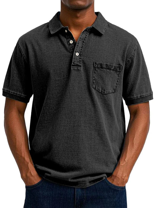 Vintage Kortærmet Polo Shirt Mænd - Bryst Lomme - Vasket - Bomuld Polos Danmarkmode.dk