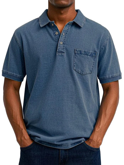 Vintage Kortærmet Polo Shirt Mænd - Bryst Lomme - Vasket - Bomuld Polos Danmarkmode.dk
