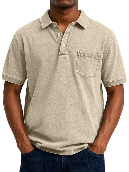 Vintage Kortærmet Polo Shirt Mænd - Bryst Lomme - Vasket - Bomuld Polos Danmarkmode.dk