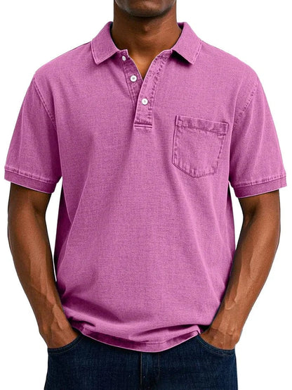 Vintage Kortærmet Polo Shirt Mænd - Bryst Lomme - Vasket - Bomuld Polos Danmarkmode.dk