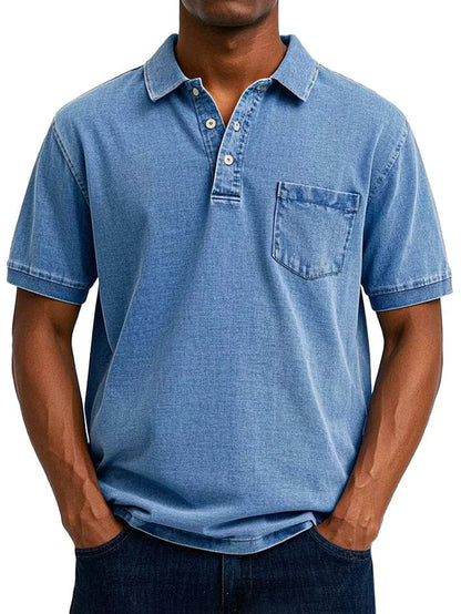 Vintage Kortærmet Polo Shirt Mænd - Bryst Lomme - Vasket - Bomuld Polos Danmarkmode.dk