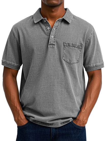 Vintage Kortærmet Polo Shirt Mænd - Bryst Lomme - Vasket - Bomuld Polos Danmarkmode.dk