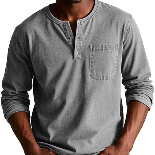 Vintage Langærmet Henley Shirt - Rund Hals - Bryst Lomme - Vasket Shirts Danmarkmode.dk