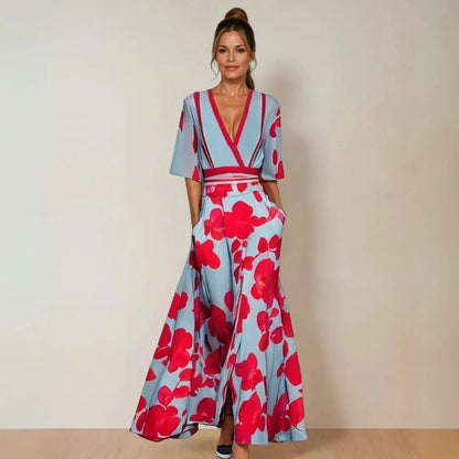 Wrap Stil Blomstret Kjole - Maxi - Korte ærmer - V-hals Dresses Danmarkmode.dk